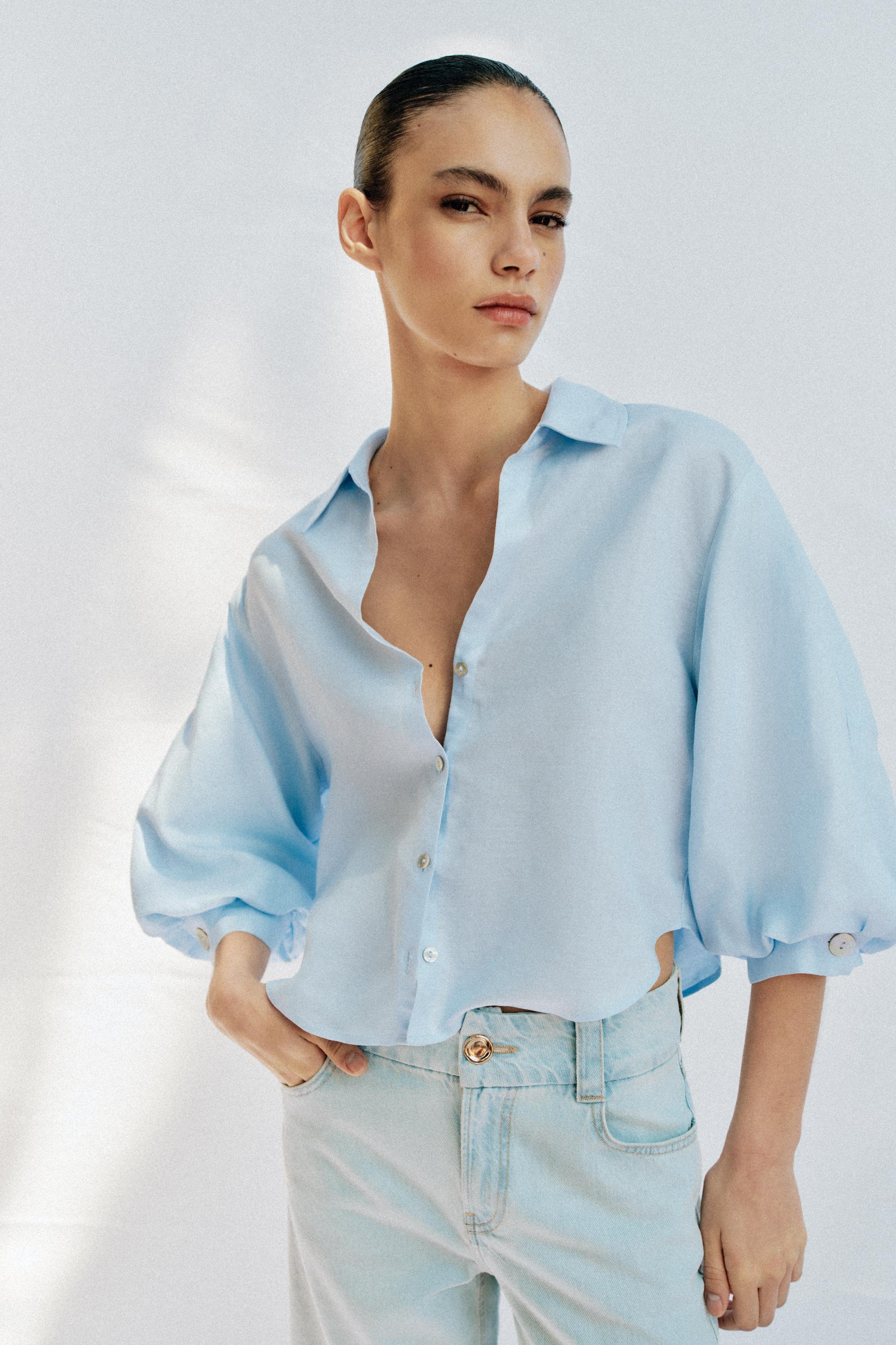 LINEN BLEND BALLOON SLEEVE SHIRT
